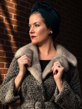 Vintage Furs by Cotsonos Grey Curly Lamb Princess Coat with Silver Mink Trim